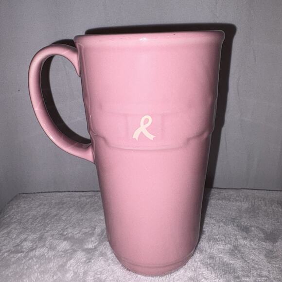 Longaberger Tall Coffee Mug Cup Pink Pottery Breast Cancer Awareness EUC - Picture 1 of 5